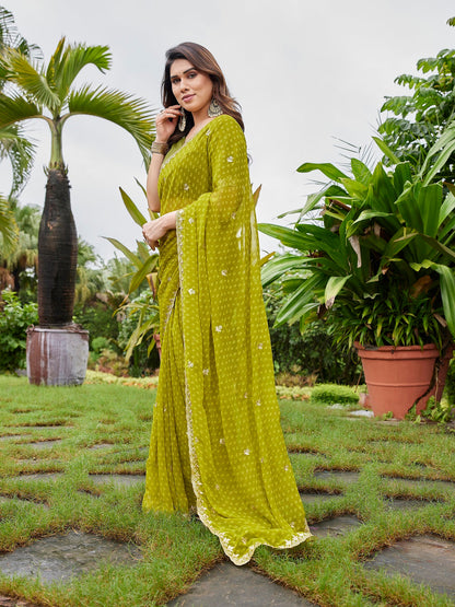 Dwija Fashion Mint Green Party Wear Embroidered Georgette Saree With Unstitched Blouse