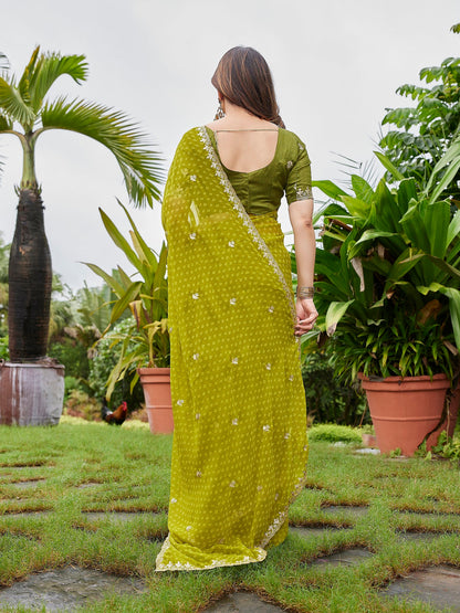 Dwija Fashion Mint Green Party Wear Embroidered Georgette Saree With Unstitched Blouse