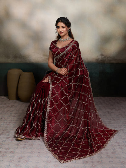 Dwija Fashion Maroon Party Wear Embroidered Jimmy Choo Fandy Saree With Unstitched Blouse