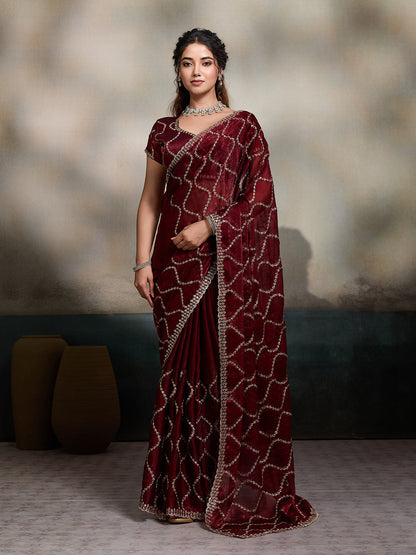 Dwija Fashion Maroon Party Wear Embroidered Jimmy Choo Fandy Saree With Unstitched Blouse