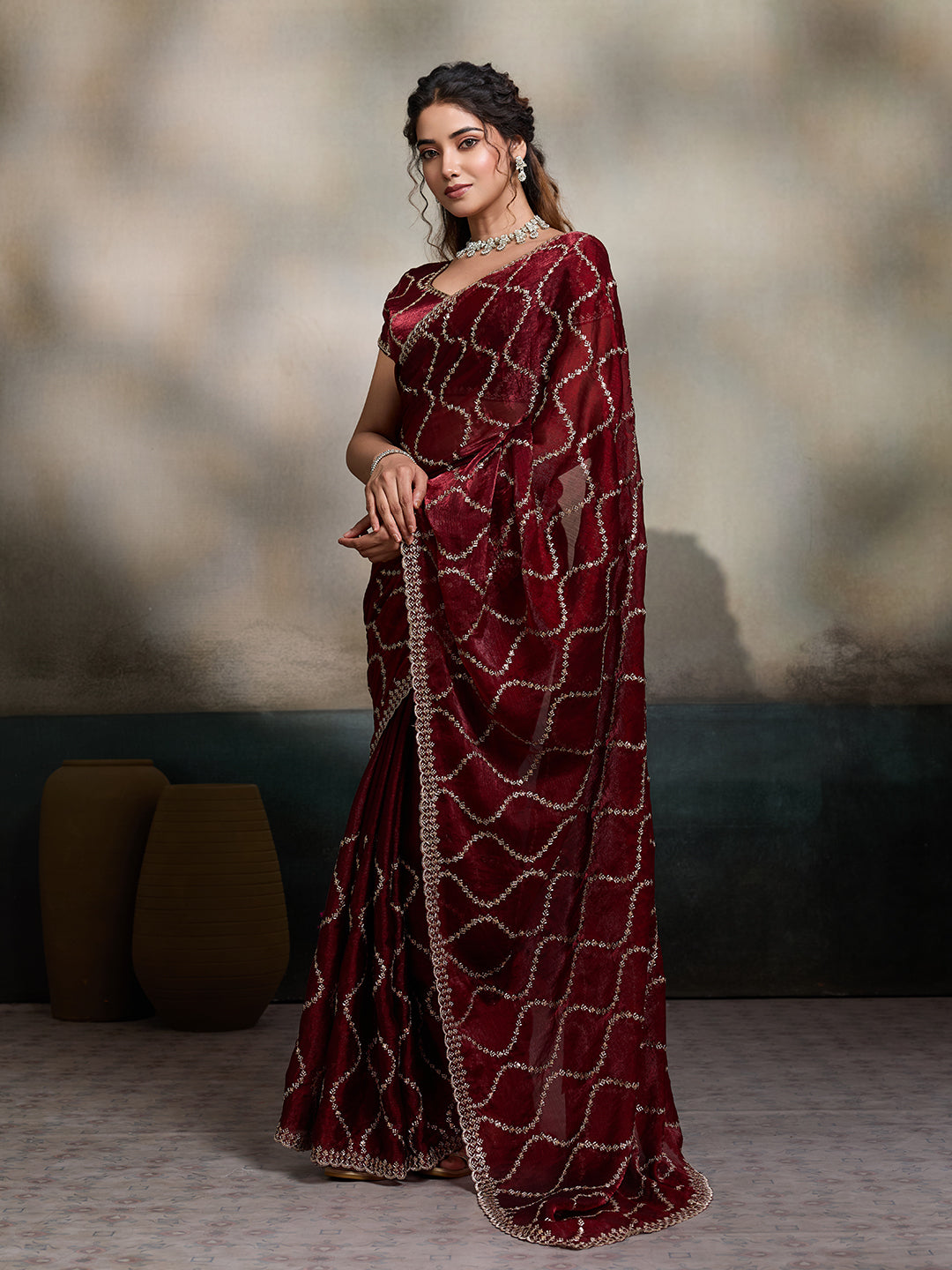 Dwija Fashion Maroon Party Wear Embroidered Jimmy Choo Fandy Saree With Unstitched Blouse