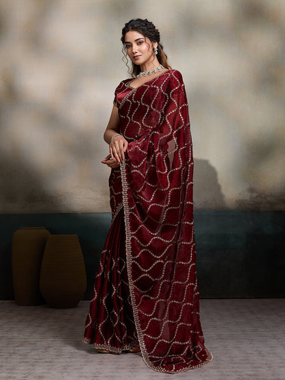 Dwija Fashion Maroon Party Wear Embroidered Jimmy Choo Fandy Saree With Unstitched Blouse