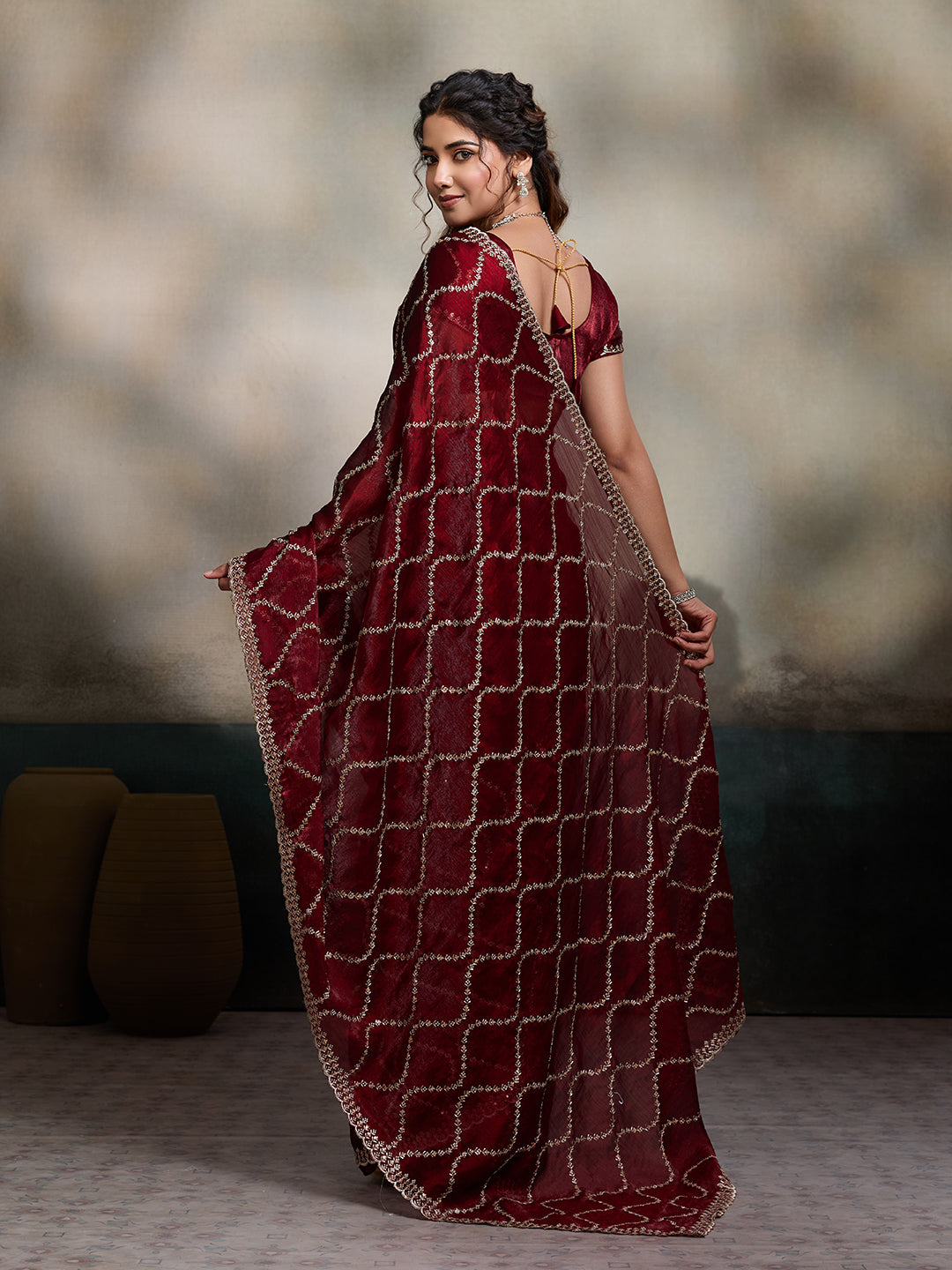 Dwija Fashion Maroon Party Wear Embroidered Jimmy Choo Fandy Saree With Unstitched Blouse