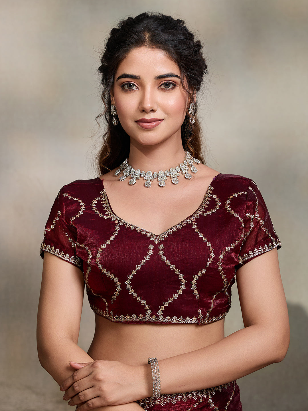 Dwija Fashion Maroon Party Wear Embroidered Jimmy Choo Fandy Saree With Unstitched Blouse