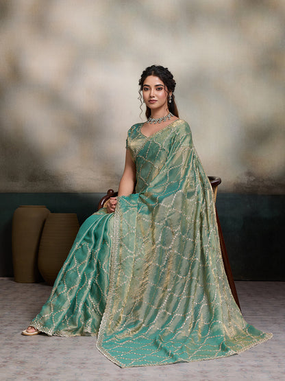 Dwija Fashion Turquoise Blue Party Wear Embroidered Jimmy Choo Fandy Saree With Unstitched Blouse