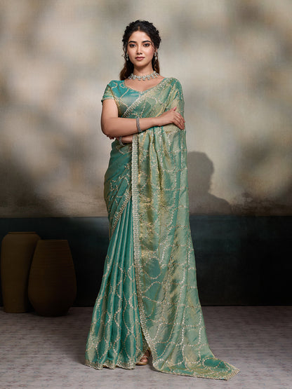 Dwija Fashion Turquoise Blue Party Wear Embroidered Jimmy Choo Fandy Saree With Unstitched Blouse