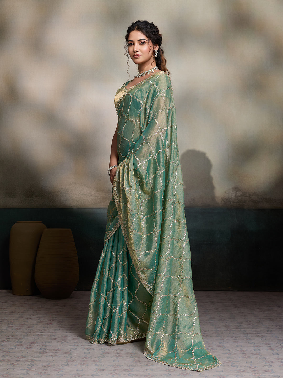 Dwija Fashion Turquoise Blue Party Wear Embroidered Jimmy Choo Fandy Saree With Unstitched Blouse