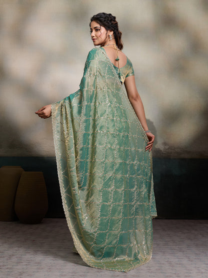 Dwija Fashion Turquoise Blue Party Wear Embroidered Jimmy Choo Fandy Saree With Unstitched Blouse