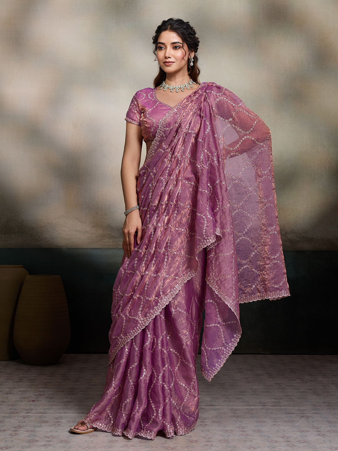 Dwija Fashion Purple Party Wear Embroidered Jimmy Choo Fandy Saree With Unstitched Blouse