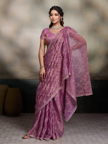Dwija Fashion Purple Party Wear Embroidered Jimmy Choo Fandy Saree With Unstitched Blouse