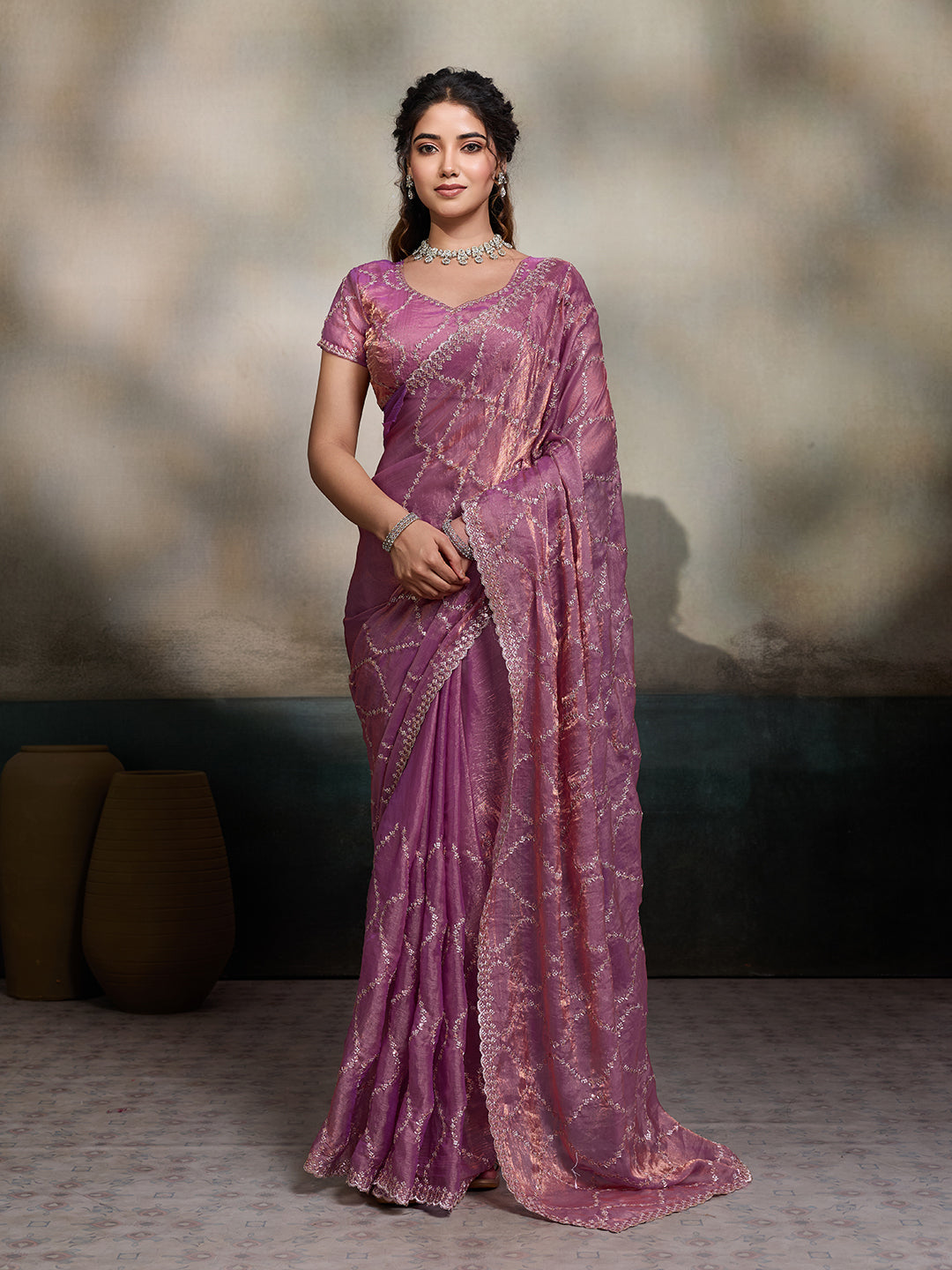 Dwija Fashion Purple Party Wear Embroidered Jimmy Choo Fandy Saree With Unstitched Blouse