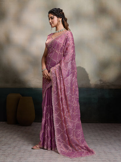 Dwija Fashion Purple Party Wear Embroidered Jimmy Choo Fandy Saree With Unstitched Blouse