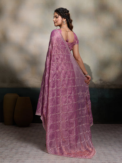 Dwija Fashion Purple Party Wear Embroidered Jimmy Choo Fandy Saree With Unstitched Blouse