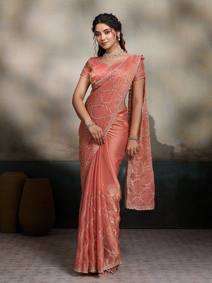 Dwija Fashion Peach Party Wear Embroidered Jimmy Choo Fandy Saree With Unstitched Blouse