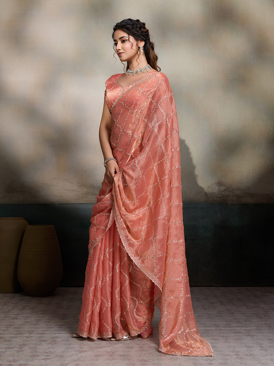 Dwija Fashion Peach Party Wear Embroidered Jimmy Choo Fandy Saree With Unstitched Blouse