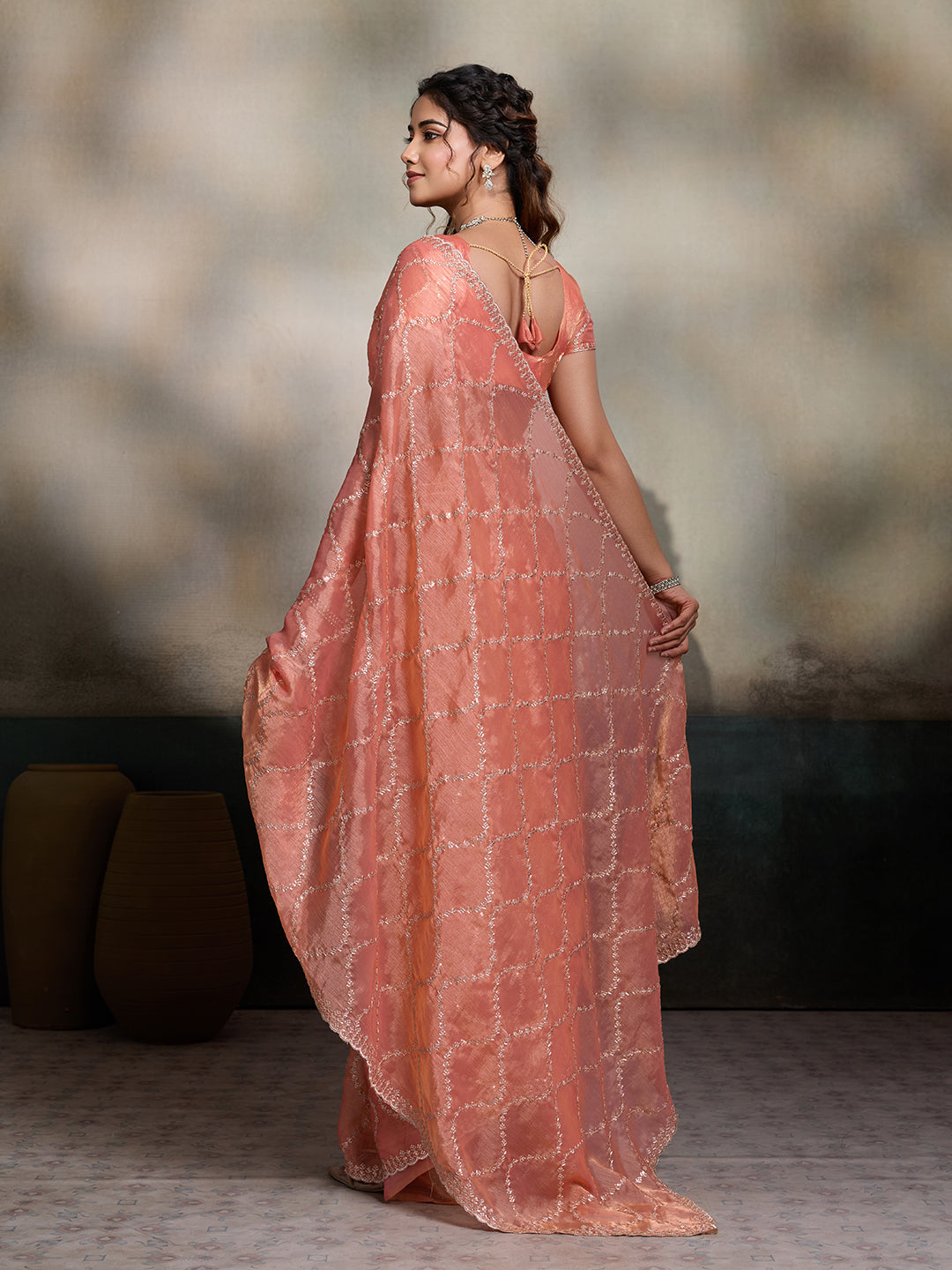 Dwija Fashion Peach Party Wear Embroidered Jimmy Choo Fandy Saree With Unstitched Blouse
