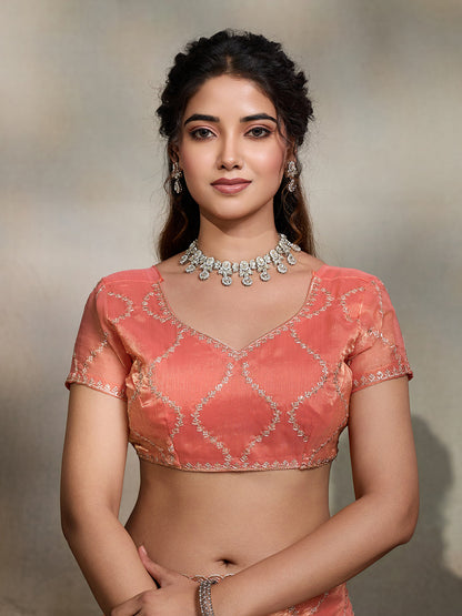 Dwija Fashion Peach Party Wear Embroidered Jimmy Choo Fandy Saree With Unstitched Blouse