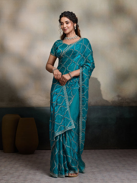 Dwija Fashion Teal Blue Party Wear Embroidered Jimmy Choo Fandy Saree With Unstitched Blouse