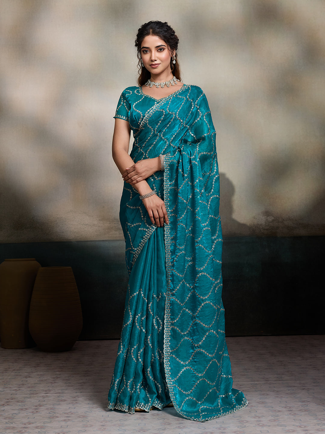Dwija Fashion Teal Blue Party Wear Embroidered Jimmy Choo Fandy Saree With Unstitched Blouse
