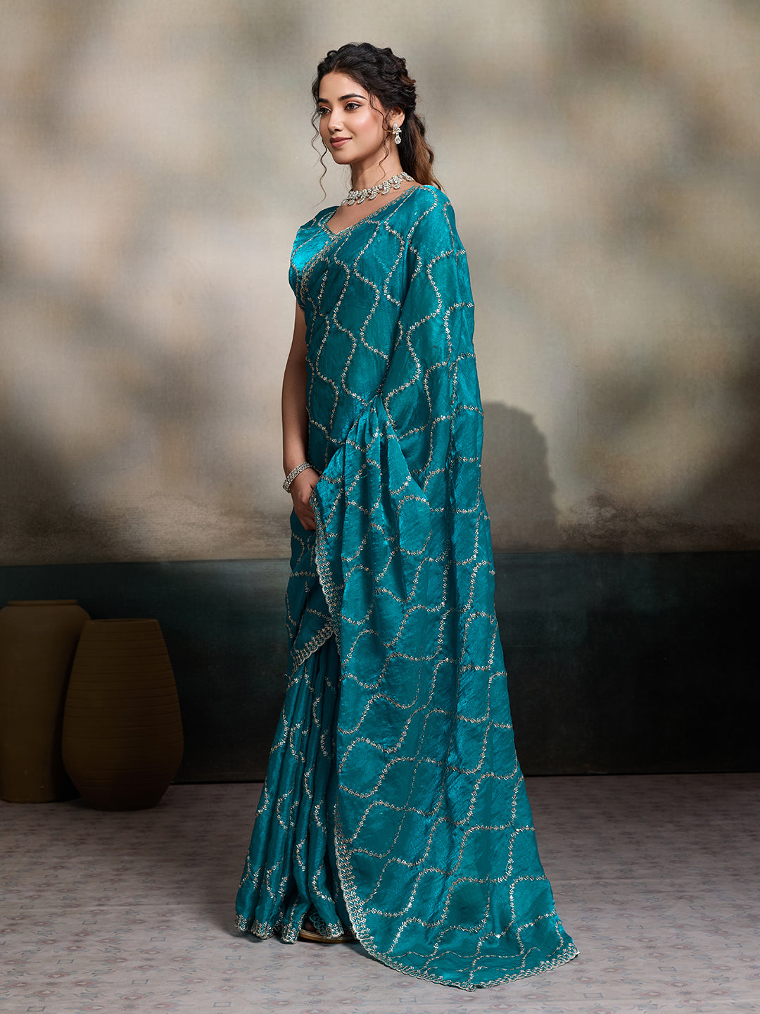 Dwija Fashion Teal Blue Party Wear Embroidered Jimmy Choo Fandy Saree With Unstitched Blouse