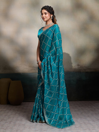 Dwija Fashion Teal Blue Party Wear Embroidered Jimmy Choo Fandy Saree With Unstitched Blouse
