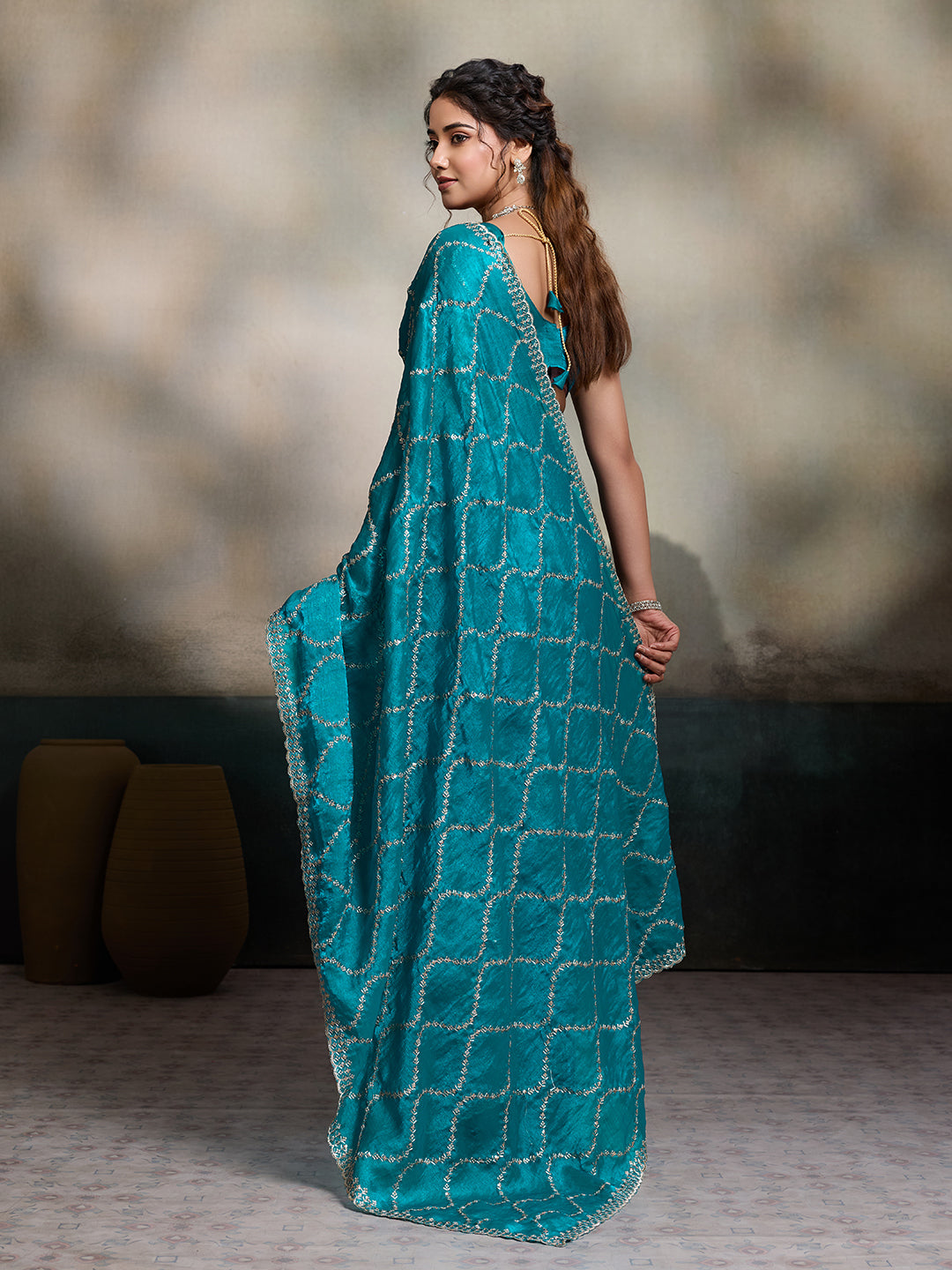 Dwija Fashion Teal Blue Party Wear Embroidered Jimmy Choo Fandy Saree With Unstitched Blouse
