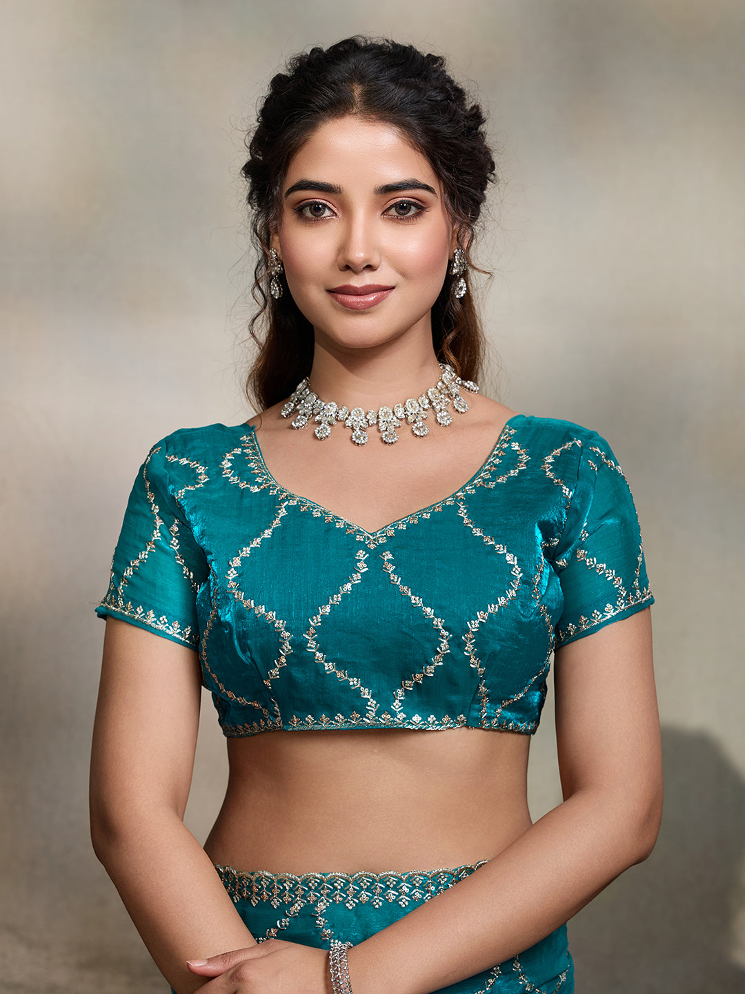 Dwija Fashion Teal Blue Party Wear Embroidered Jimmy Choo Fandy Saree With Unstitched Blouse