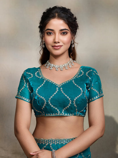 Dwija Fashion Teal Blue Party Wear Embroidered Jimmy Choo Fandy Saree With Unstitched Blouse
