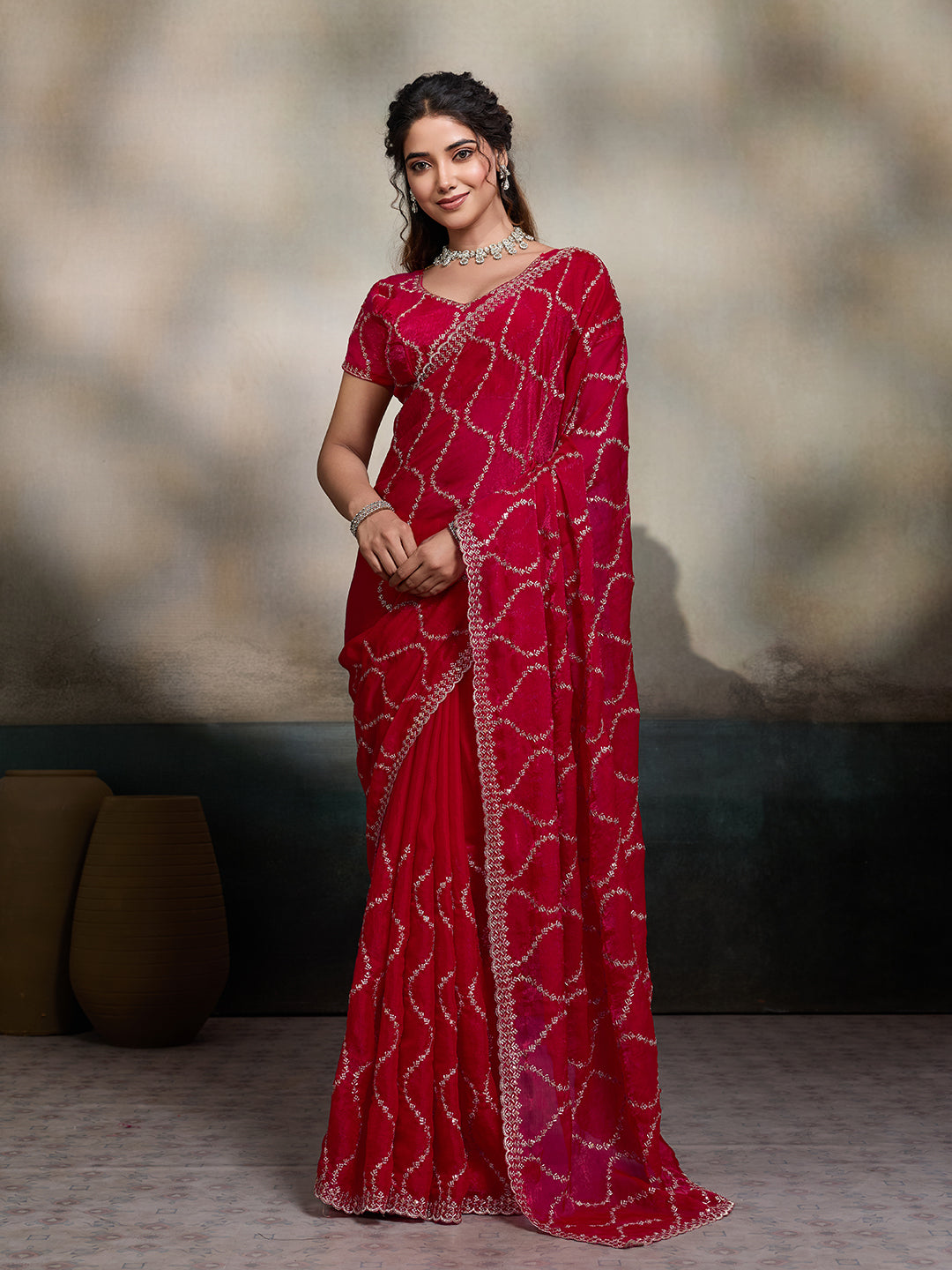 Dwija Fashion Red Party Wear Embroidered Jimmy Choo Fandy Saree With Unstitched Blouse