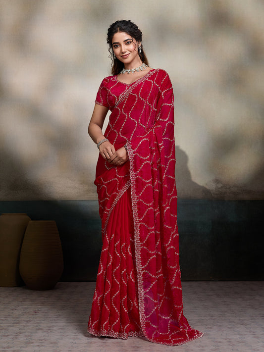 Dwija Fashion Red Party Wear Embroidered Jimmy Choo Fandy Saree With Unstitched Blouse