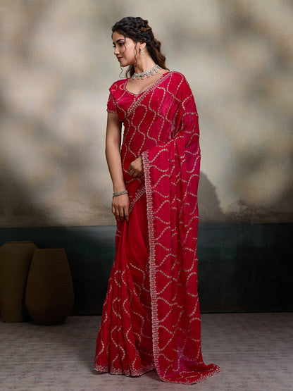 Dwija Fashion Red Party Wear Embroidered Jimmy Choo Fandy Saree With Unstitched Blouse