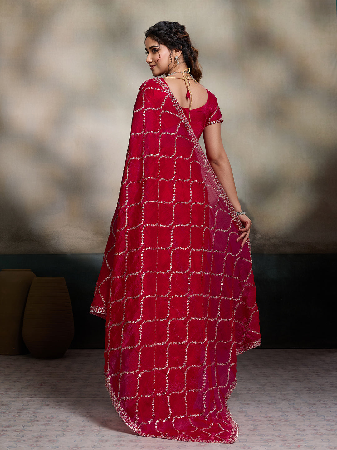 Dwija Fashion Red Party Wear Embroidered Jimmy Choo Fandy Saree With Unstitched Blouse