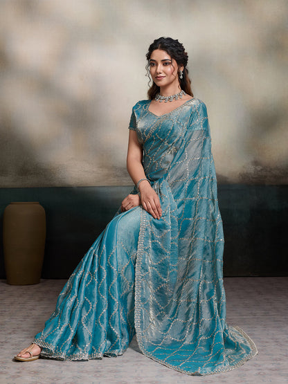 Dwija Fashion Sky Blue Party Wear Embroidered Jimmy Choo Fandy Saree With Unstitched Blouse