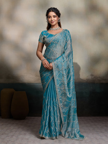 Dwija Fashion Sky Blue Party Wear Embroidered Jimmy Choo Fandy Saree With Unstitched Blouse