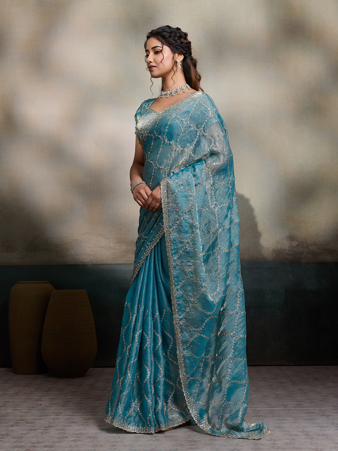 Dwija Fashion Sky Blue Party Wear Embroidered Jimmy Choo Fandy Saree With Unstitched Blouse