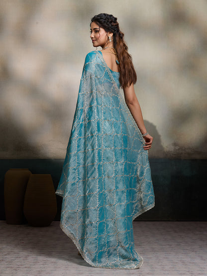 Dwija Fashion Sky Blue Party Wear Embroidered Jimmy Choo Fandy Saree With Unstitched Blouse