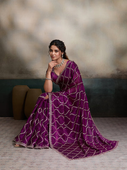 Dwija Fashion Wine Party Wear Embroidered Jimmy Choo Fandy Saree With Unstitched Blouse