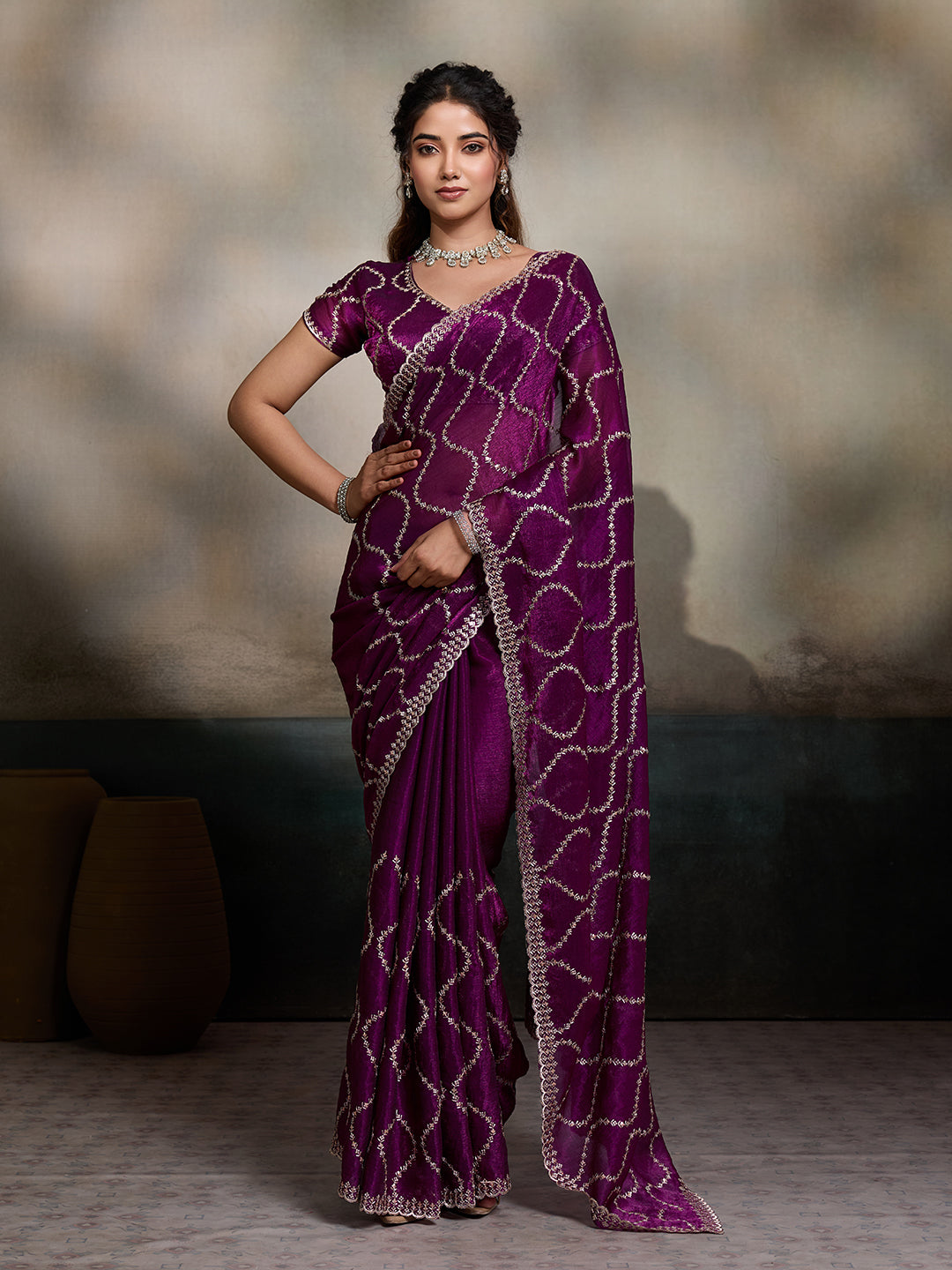Dwija Fashion Wine Party Wear Embroidered Jimmy Choo Fandy Saree With Unstitched Blouse