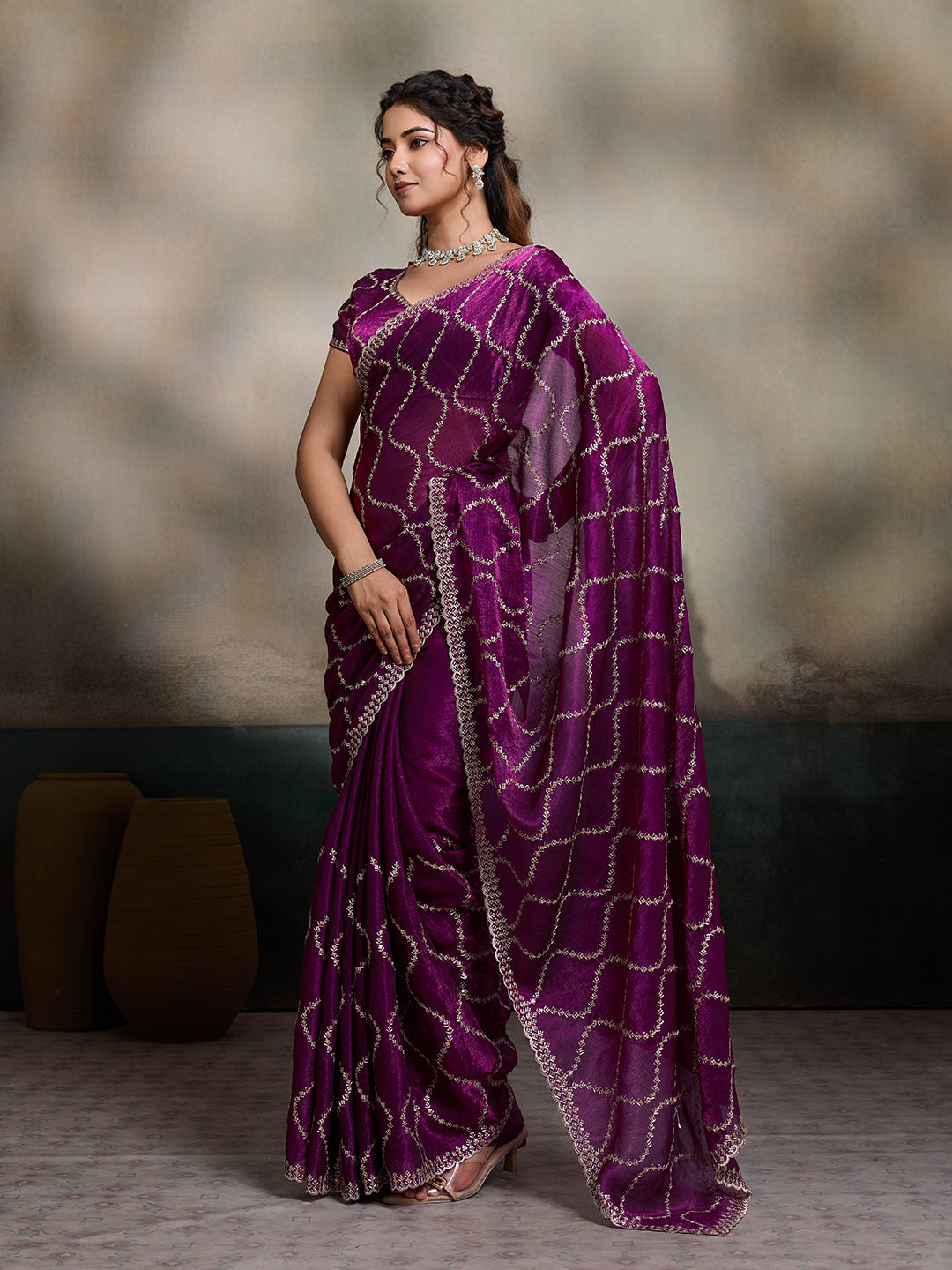 Dwija Fashion Wine Party Wear Embroidered Jimmy Choo Fandy Saree With Unstitched Blouse