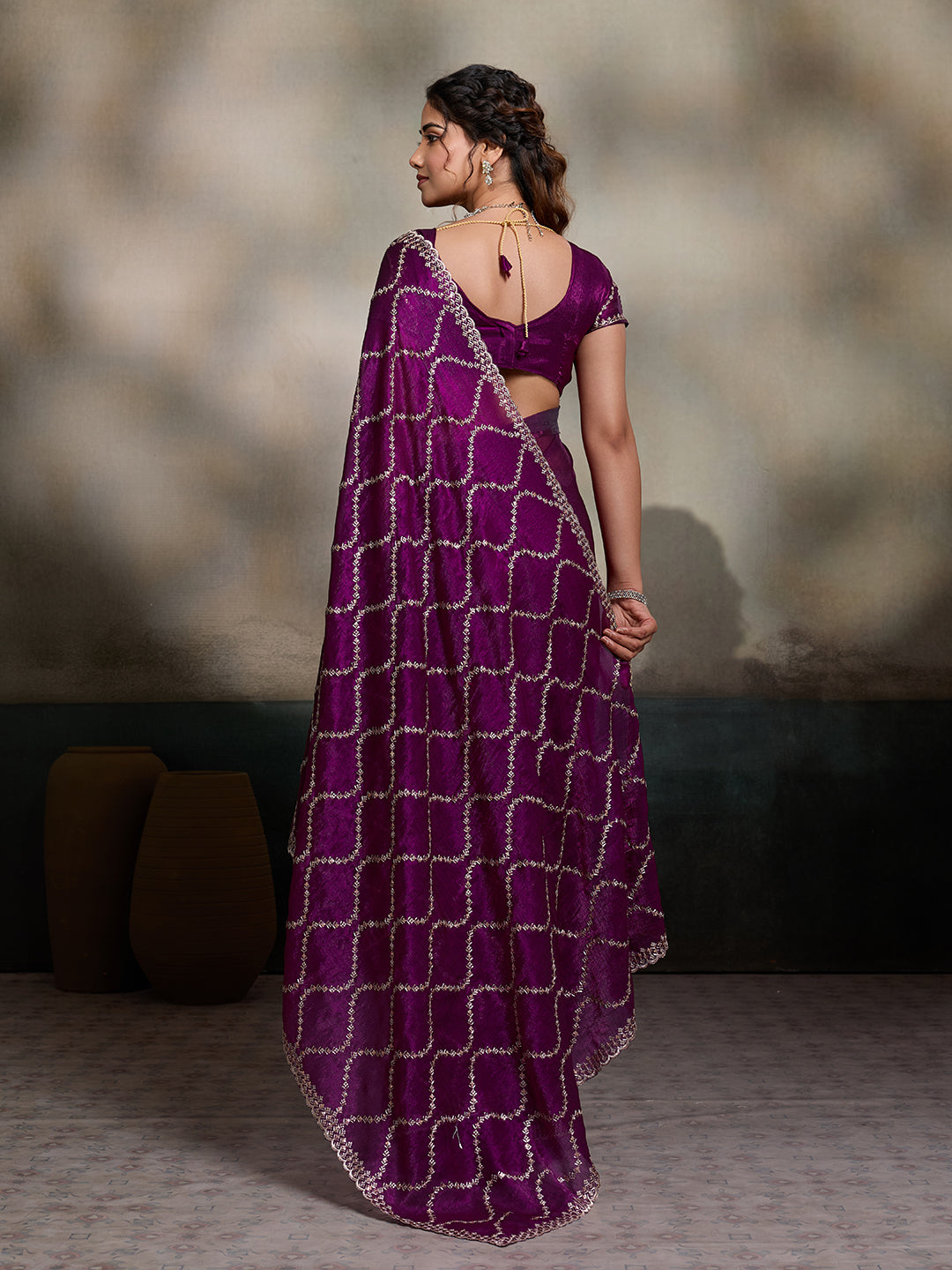Dwija Fashion Wine Party Wear Embroidered Jimmy Choo Fandy Saree With Unstitched Blouse
