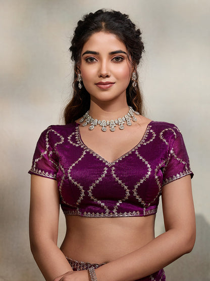 Dwija Fashion Wine Party Wear Embroidered Jimmy Choo Fandy Saree With Unstitched Blouse