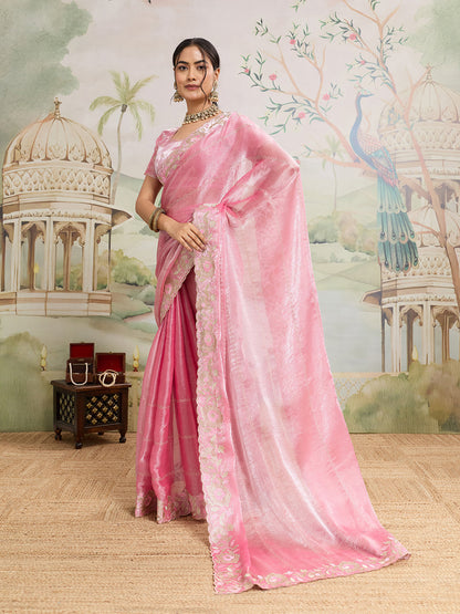 Dwija Fashion Baby Pink Party Wear Embroidered Jimmy Choo Organza Saree With Unstitched Blouse