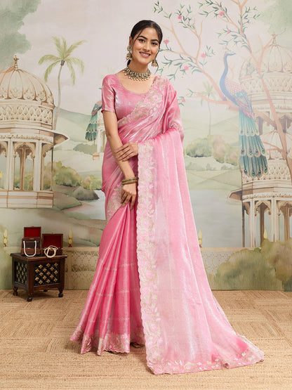 Dwija Fashion Baby Pink Party Wear Embroidered Jimmy Choo Organza Saree With Unstitched Blouse