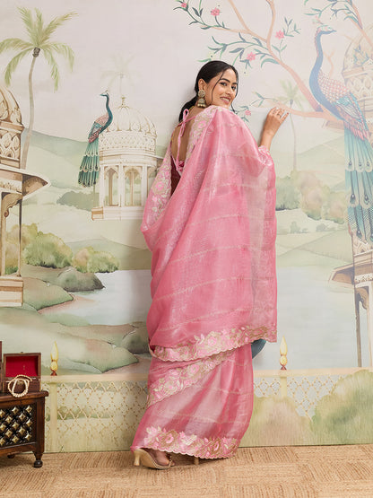 Dwija Fashion Baby Pink Party Wear Embroidered Jimmy Choo Organza Saree With Unstitched Blouse