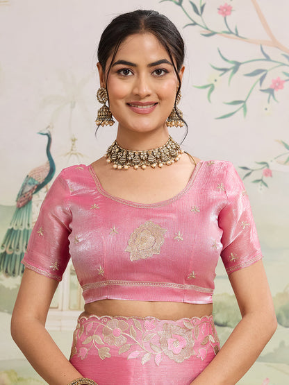 Dwija Fashion Baby Pink Party Wear Embroidered Jimmy Choo Organza Saree With Unstitched Blouse