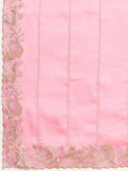 Dwija Fashion Baby Pink Party Wear Embroidered Jimmy Choo Organza Saree With Unstitched Blouse