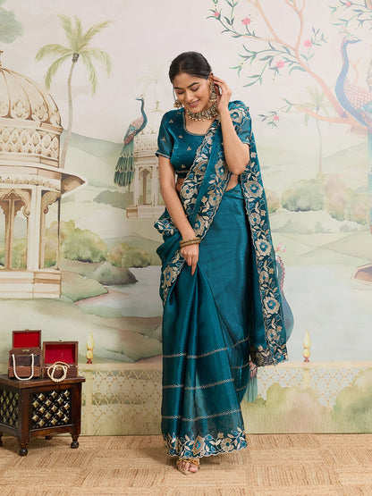 Dwija Fashion Rama Party Wear Embroidered Jimmy Choo Organza Saree With Unstitched Blouse