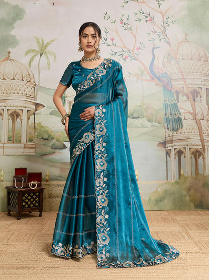 Dwija Fashion Rama Party Wear Embroidered Jimmy Choo Organza Saree With Unstitched Blouse