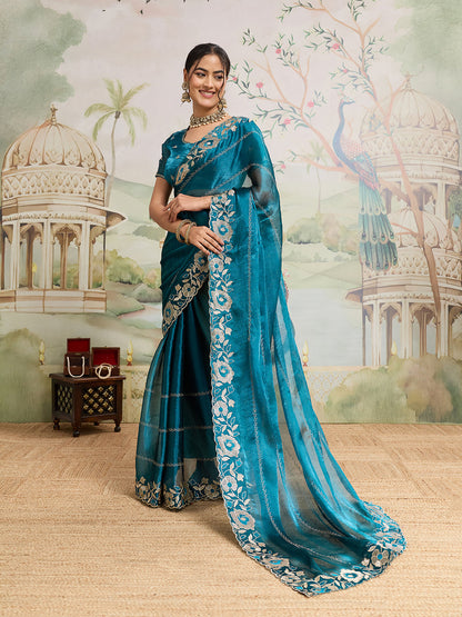 Dwija Fashion Rama Party Wear Embroidered Jimmy Choo Organza Saree With Unstitched Blouse