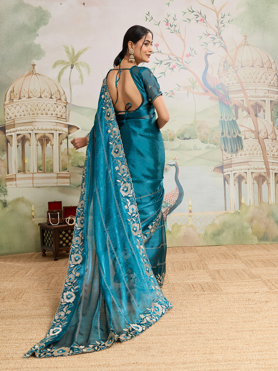 Dwija Fashion Rama Party Wear Embroidered Jimmy Choo Organza Saree With Unstitched Blouse